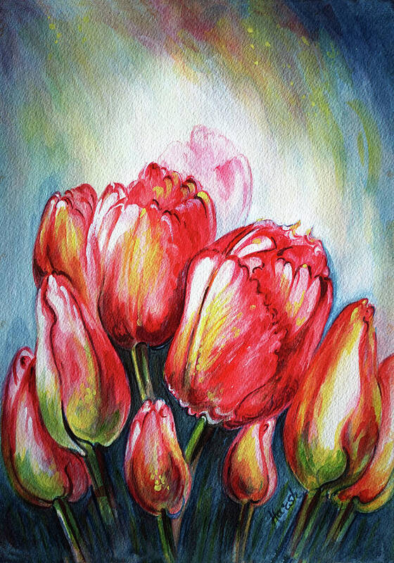 Tulips Poster featuring the painting Tulips - High in the sky by Harsh Malik