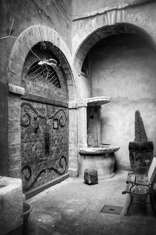 Lyon Poster featuring the photograph Vieux Lyon France A Medieval Courtyard Black and White by Carol Japp