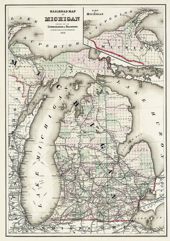 Michigan Poster featuring the photograph Vintage Railroad Map of Michigan 1876 by Carol Japp