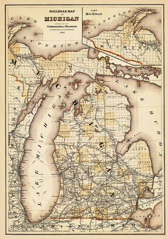 Michigan Poster featuring the photograph Vintage Railroad Map of Michigan 1876 Sepia by Carol Japp