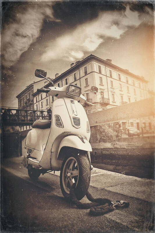 Vespa Poster featuring the photograph Vintage Vespa Navigli Milan Italy Sepia by Carol Japp