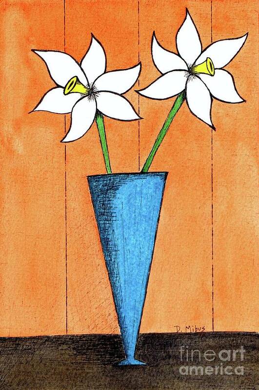 Mid Century Flowers Poster featuring the painting Whimsical White Flowers in Blue Vase by Donna Mibus