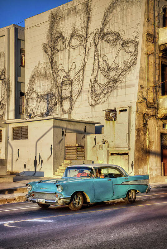 Cuba Poster featuring the photograph White and blue Chevy in San Lazaro by Micah Offman
