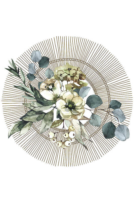 Watercolor Poster featuring the digital art White and Green Bouquet with Circle Design by N Kirouac