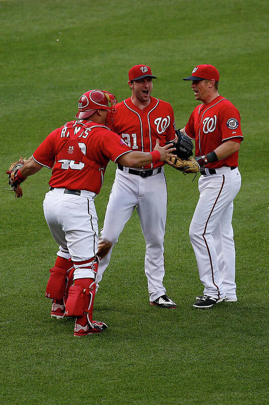 People Poster featuring the photograph Wilson Ramos, Max Scherzer, and Tyler Moore by Rob Carr