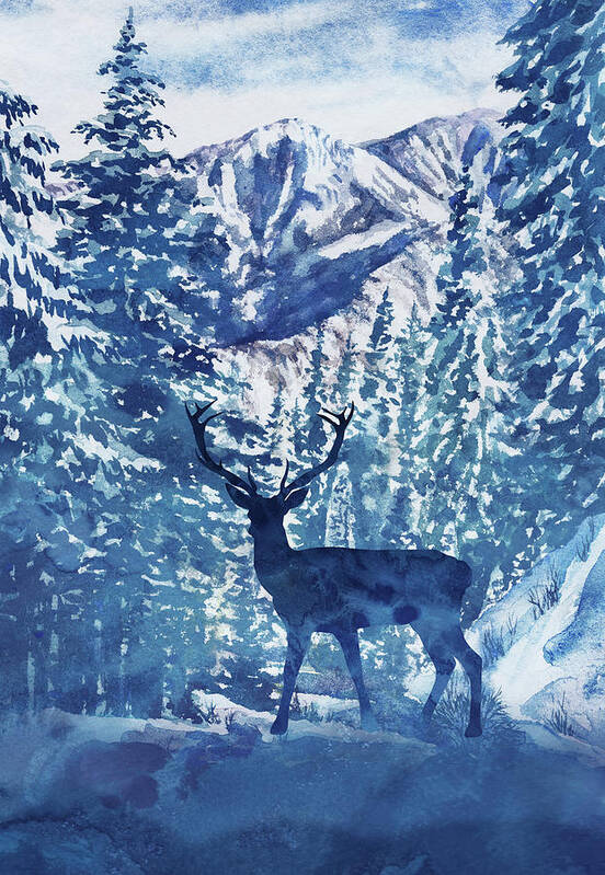 Deer Poster featuring the painting Winter Deer Buck Watercolor Pine Trees Forest Landscape by Irina Sztukowski