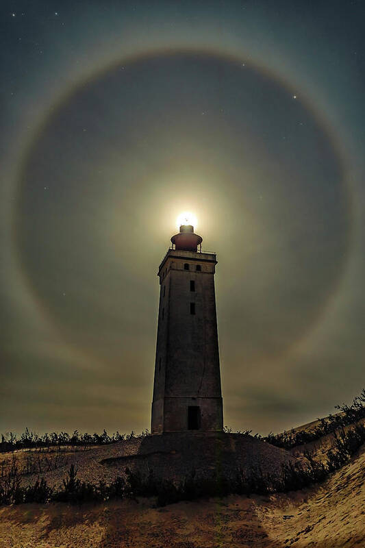 Moon Ring Poster featuring the photograph Winter halo lighthouse by Mike Santis