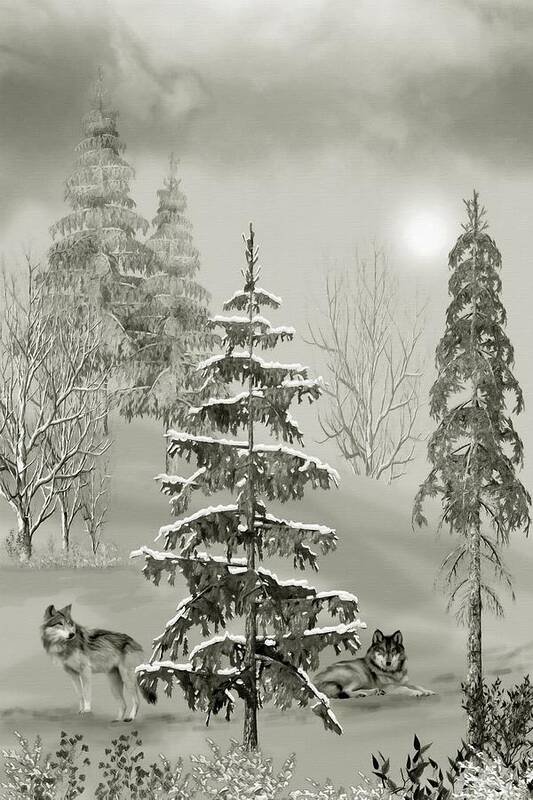 Wolf Poster featuring the mixed media Wolves In The Winter Forest by David Dehner