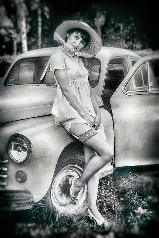 #instagram #retro #car #auto #glamour #edgalagand #galagan #handkerchief #edwardgalagan #eduardgalagan #netherlands #dutch #holland #fashion #pinup #vintage #garters #nederland #artphotography #nylon #nylons #nylongirl #stocking #stockings #pantyhose #tights #kous #hat #pinups #pinupmodel Poster featuring the digital art Woman and Car by Edward Galagan