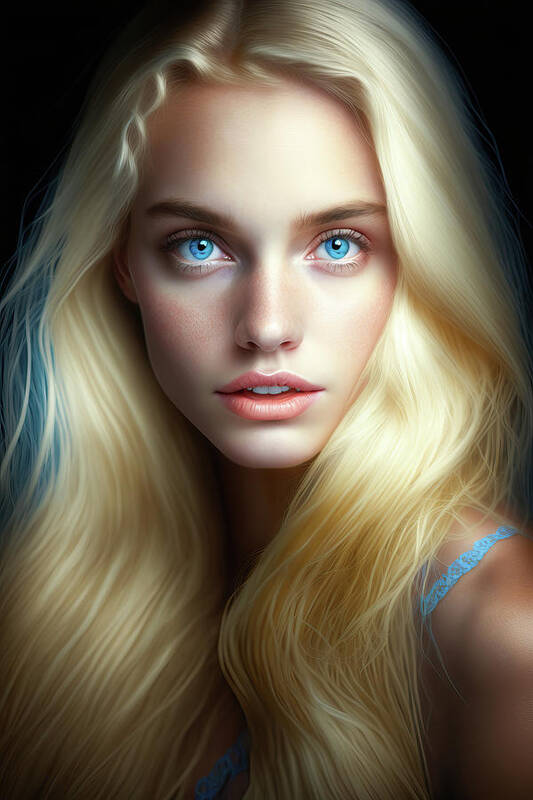 Woman Poster featuring the digital art Woman Portrait 25 Blonde Hair Blue Eyes by Matthias Hauser