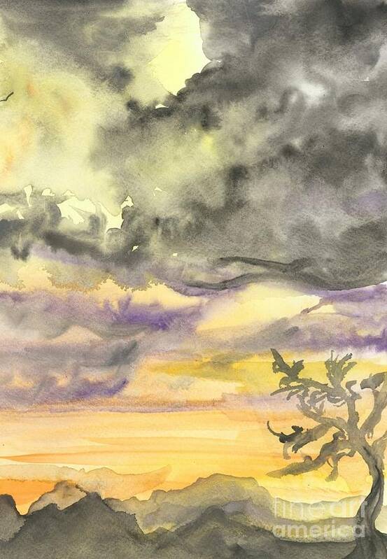 Yellow Watercolor Desert Sunset Painting Poster featuring the painting Yellow Mountain Sunset in Watercolor by Expressions By Stephanie