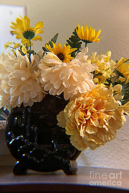 Flowers Still Life Yellow Frankoma Cactus Vase Roses Sunflowers Poster featuring the photograph Yellow Flowers in Black Vase by Janette Boyd