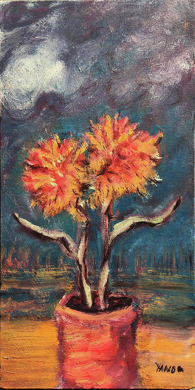 Autumn Feathered Petals Planted Vase Soft Clouds Two Flowers Original Art Oil Painting By Katt Yanda Poster featuring the painting Autumn Feathered Petals by Katt Yanda