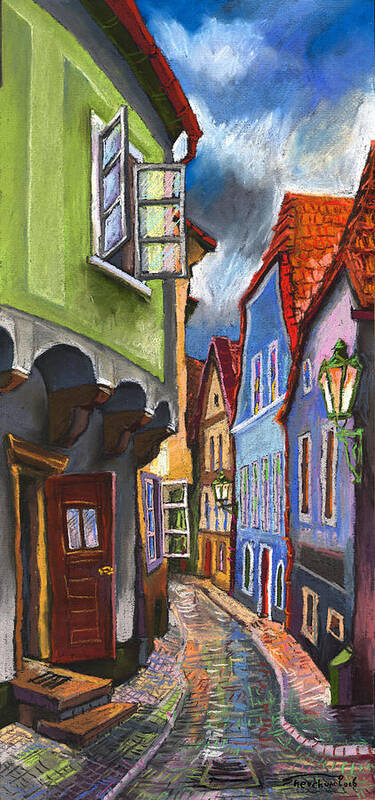 Pastel Chesky Krumlov Old Street Architectur Poster featuring the painting Cesky Krumlov Old Street 1 by Yuriy Shevchuk