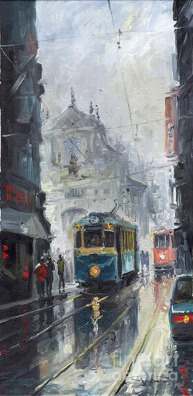 Oil On Canvas Poster featuring the painting Prague Old Tram 04 by Yuriy Shevchuk