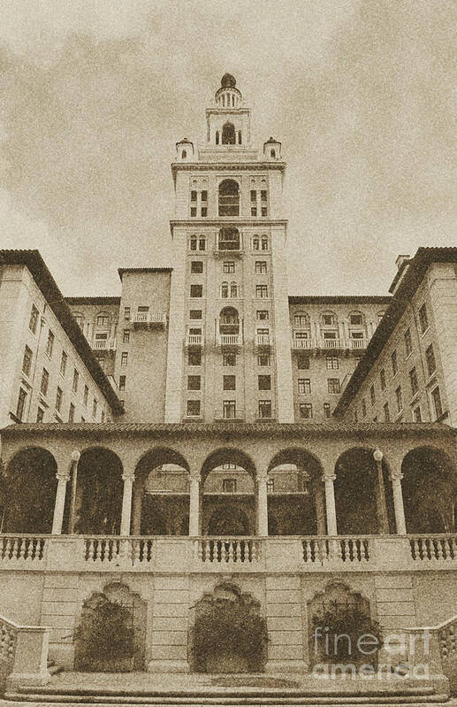Biltmore Poster featuring the digital art Biltmore Hotel Miami Coral Gables Florida Exterior Colonnade and Tower Vintage Digital Art by Shawn O'Brien