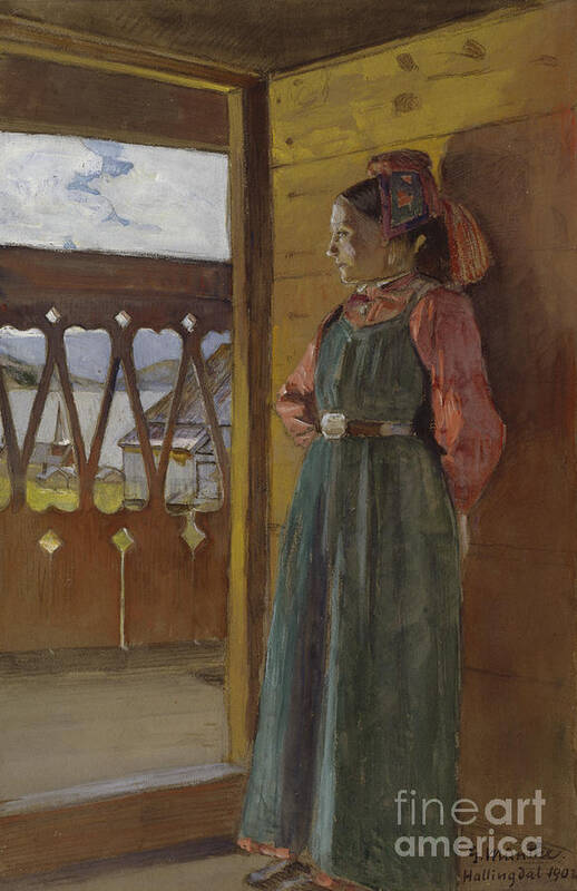 Gerhard Munthe Poster featuring the painting Girl from Hallingdal standing in the doorway by Gerhard Munthe