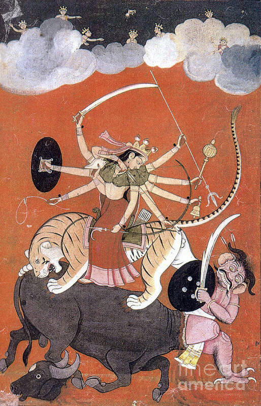 Religion Poster featuring the photograph Hindu Goddess Durga Fights Mahishasur by Photo Researchers