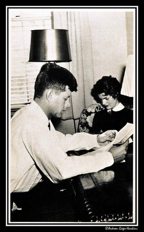 John F Kennedy Poster featuring the photograph John F Kennedy and Jacqueline Studying at Home by Audreen Gieger