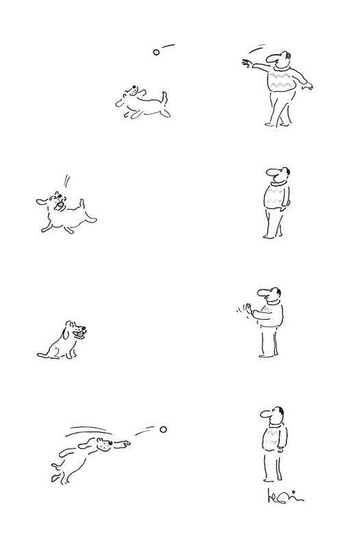 No Caption
Four-picture Series Starting With Man Throwing Ball To Dog Poster featuring the drawing New Yorker April 25th, 1988 by Arnie Levin
