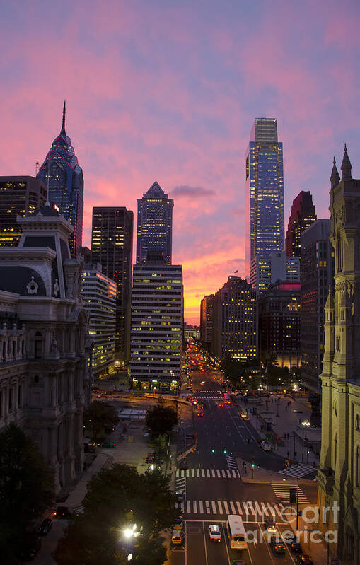 Philadelphia Poster featuring the photograph Philadelphia city center at sunset by Perry Van Munster
