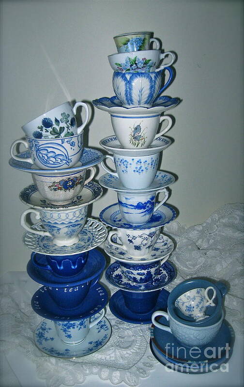 Stack Of Blue Tea Cups Poster featuring the photograph Stack of Blue Teacups by Nancy Patterson