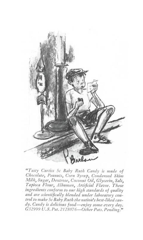 110472 Pba Perry Barlow Boy Reading Candy Wrapper. Bar Bars Bas Boy Boys Candies Foods Ingredient Label Labels List Reading Snack Snacks Sweet Sweets Treat Wrapper Wrappers Youth Poster featuring the drawing Tasty Curtiss 5c Baby Ruth Candy Is Made by Perry Barlow