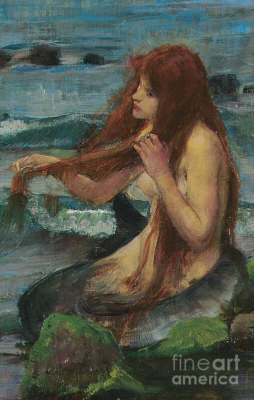 Mermaid; Myth; Mythology; Mythological; Pre Raphaelite; Pre-raphaelite; Combing; Combing Hair; Brushing; Brushing Hair; Red Hair; Redhead; Red-haired; Melancholy; Rock; Siren; Nude; Sketch; Study; Wistful; Daydreaming; Romance; Fairytale Poster featuring the painting The Mermaid by John William Waterhouse