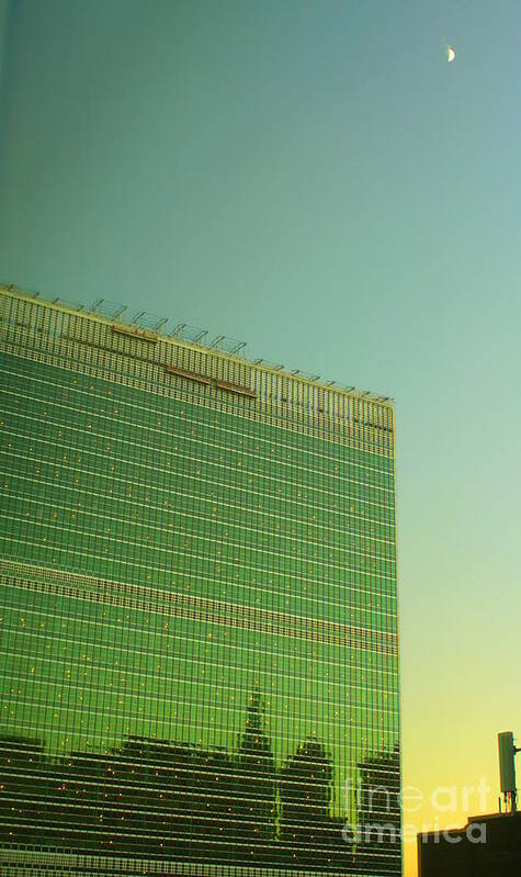 Famous Landmarks Of New York Poster featuring the photograph United Nations Secretariat Building with Moon at Sunset by Miriam Danar