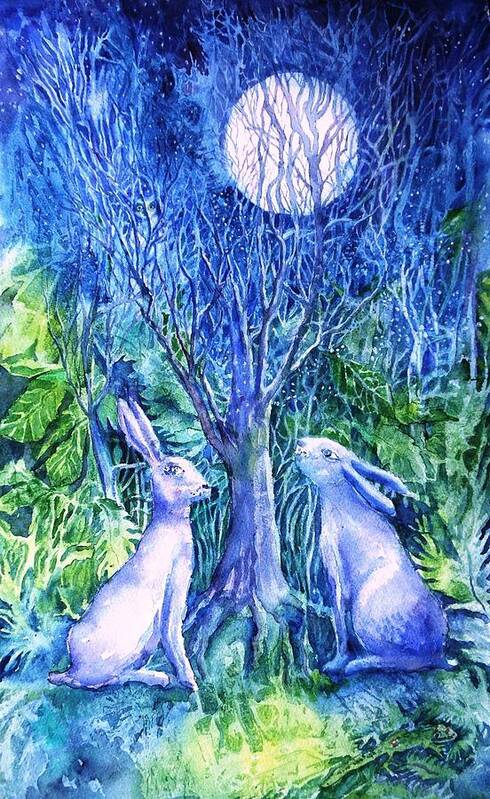Winter Poster featuring the painting Winter Descends as Two Hares Contemplate an Owl by Moonlight by Trudi Doyle