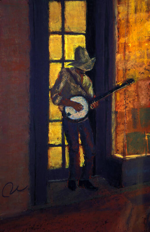 Slim Pickens Banjo Player Pearl Str. Boulder Colorado Tall Skinny Poster featuring the painting Slim Pickens #1 by Cheryl Whitehall