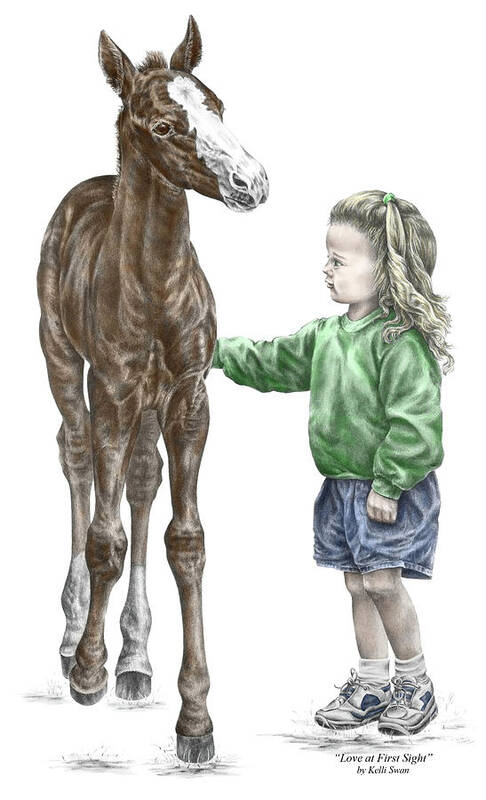 Horse Poster featuring the drawing Love at First Sight - Girl and Horse Print color tinted by Kelli Swan