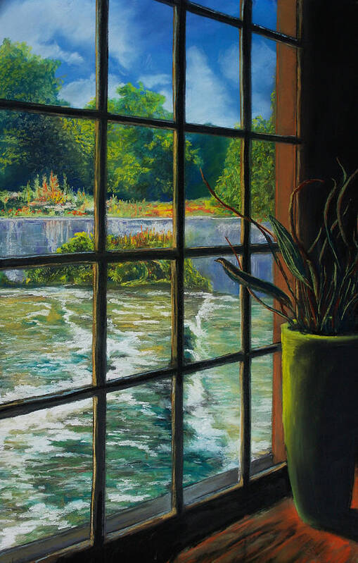 River Pastels Poster featuring the pastel Mill with a view by Peter Jackson