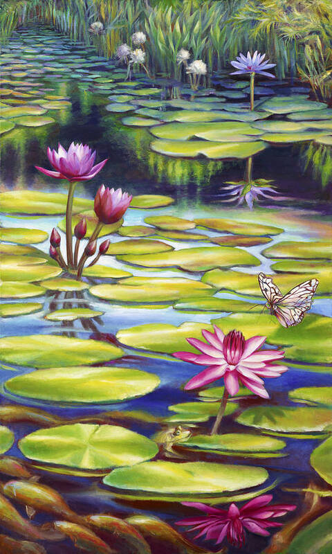 Water Lily Poster featuring the painting Water Lilies at McKee Gardens II - Butterfly and Frog by Nancy Tilles
