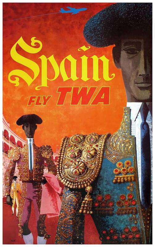 Spain Poster featuring the digital art 1960 TWA Spain Bullfighter Travel Poster by Retro Graphics