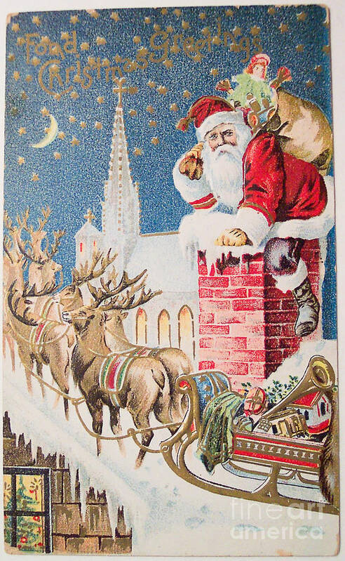 A Merry Christmas Vintage Greetings From Santa Claus And His Raindeer Poster featuring the painting A Merry Christmas vintage greetings from Santa Claus and his Raindeer by Vintage Collectables