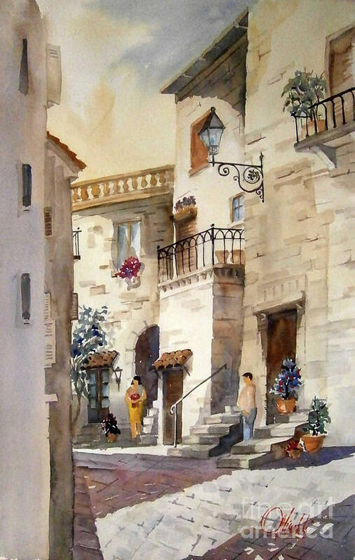 Watercolor Poster featuring the painting A Tuscan street scene by Gerald Miraldi