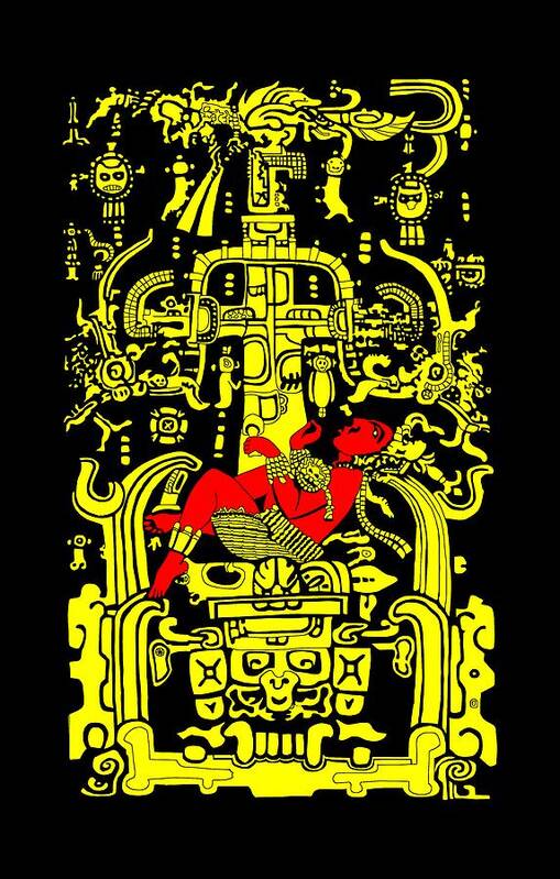 Ancient Poster featuring the digital art Ancient Astronaut Yellow and Red version by Piotr Dulski