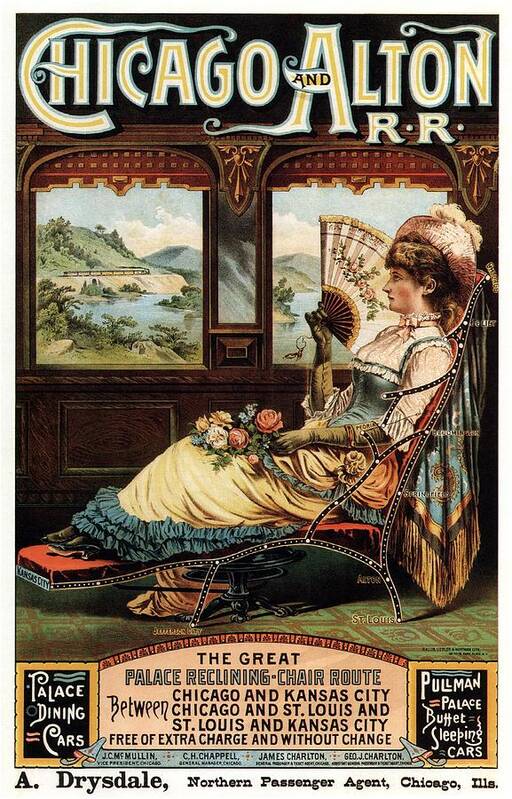 Chicago Poster featuring the mixed media Chicago and Alton Railroad - Woman Sitting on Reclining Chair - Vintage Advertising Poster by Studio Grafiikka