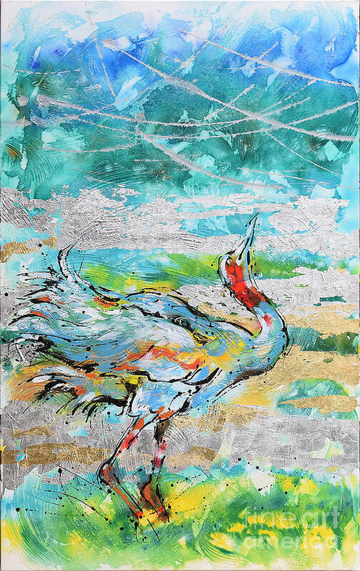 Sarus Cranes In Mating Dance. Birds Poster featuring the painting Dancing Crane 1 by Jyotika Shroff