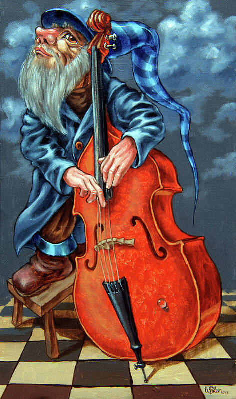 Music Poster featuring the painting Double bass and bench by Victor Molev