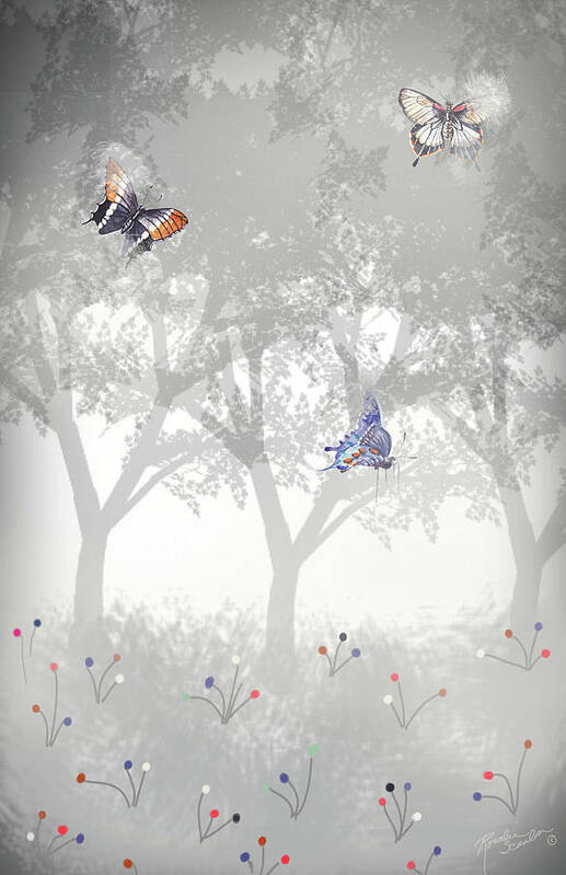Trees Poster featuring the digital art Foggy Forest with Giant Butterflies by Rosalie Scanlon