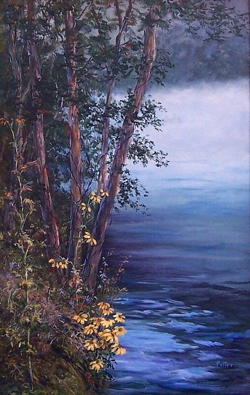 Tree Poster featuring the painting Foggy Riverbank by Virginia Potter