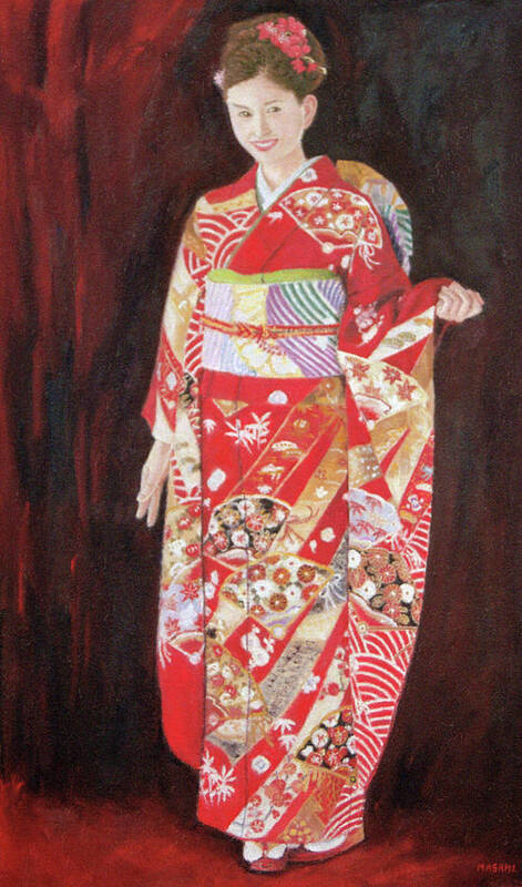 Portrait Poster featuring the painting Lady In Red Kimono by Masami Iida