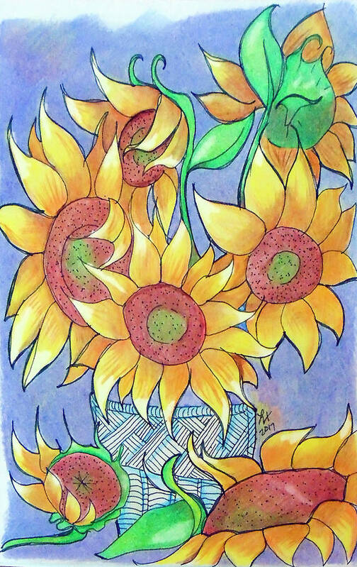 Sunflower Poster featuring the drawing More Sunflowers by Loretta Nash