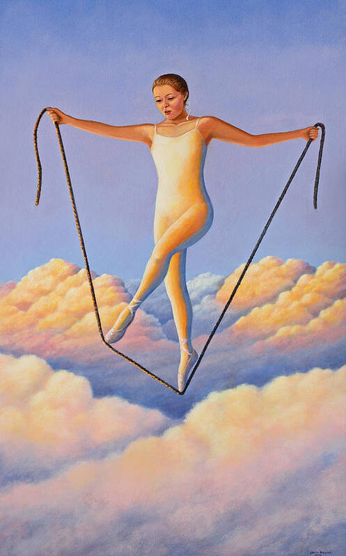 Muse Sunset Ballet Ballerina Dance Dancer Rope Tight Tightrope Sky Clouds Girl Woman Inspire Inspiration Fantasy Poster featuring the painting Muse of Sunset by Laurie Stewart