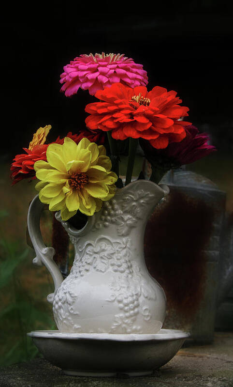 Pitcher Of Flowers Poster featuring the photograph Pitcher and Zinnias by Jeff Kurtz