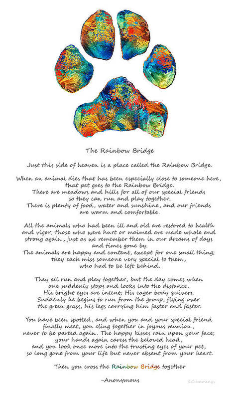 Rainbow Bridge Poster featuring the painting Rainbow Bridge Poem With Colorful Paw Print by Sharon Cummings by Sharon Cummings