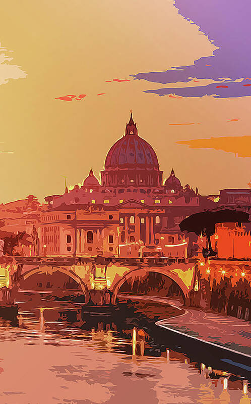Italy Poster featuring the painting Sunset on Rome the Eternal City by AM FineArtPrints