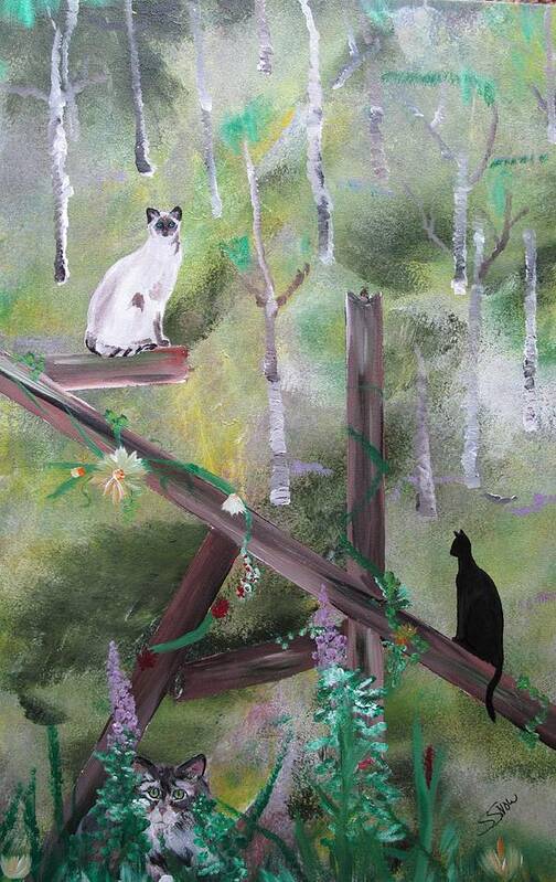 Siamese Cat Poster featuring the painting Three Cats in the Yard by Susan Voidets